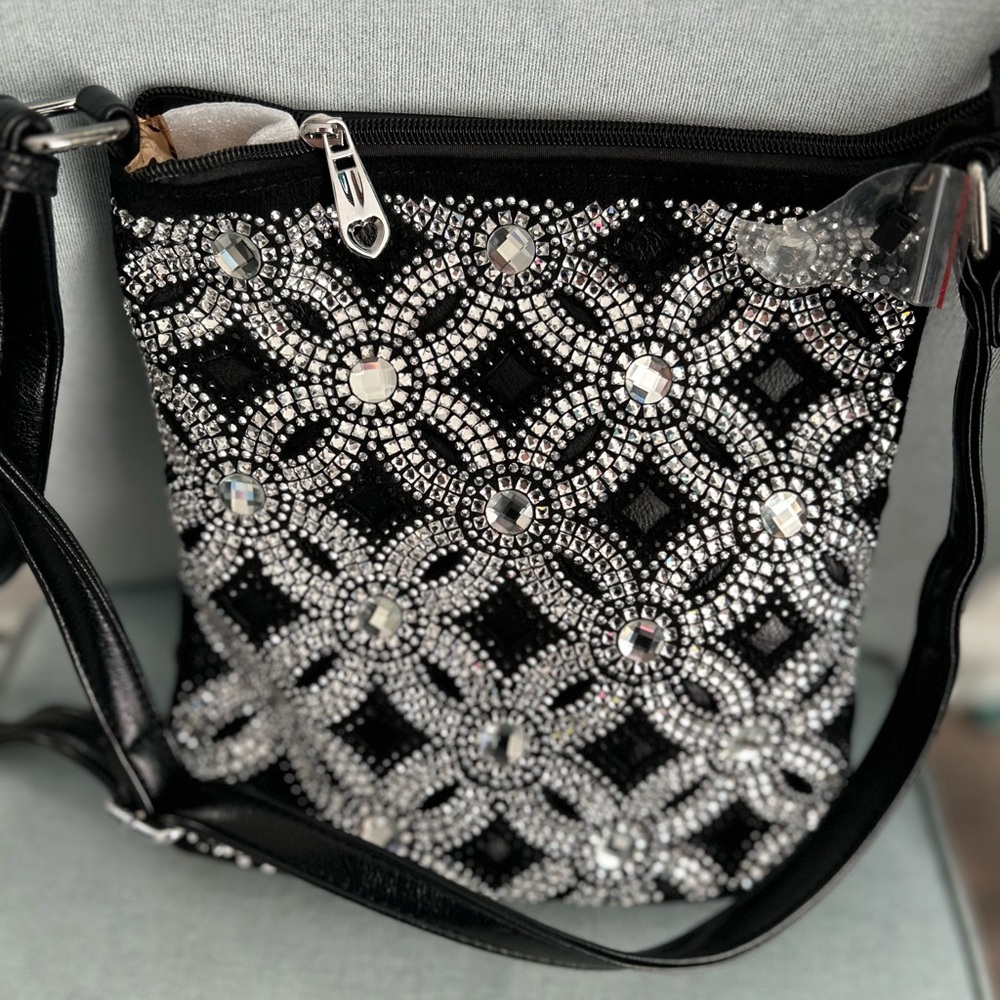 Rhinestone & Black Beaded Women's Crossbody Handbag-  New